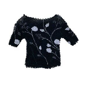 VTG One Size Y2K Black Floral Popcorn Crop Top Stretchy Cropped Scrunch Shirt
